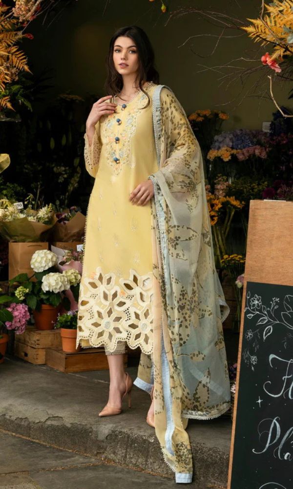 Lawn 3pc unstitched chiken kari embroidered suit with digital printed dupatta
