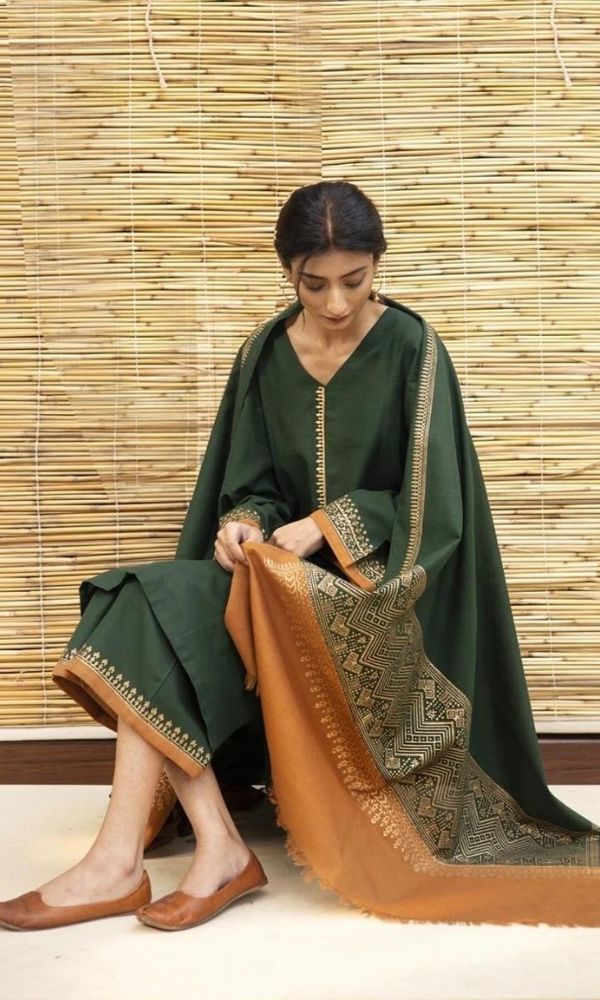 Dhanak 3pc unstitched shirt with patches with printed wool shawl