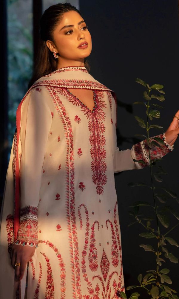 Dhanak 3pc unstitched heavy embroidered suit with heavy embroidered shawl