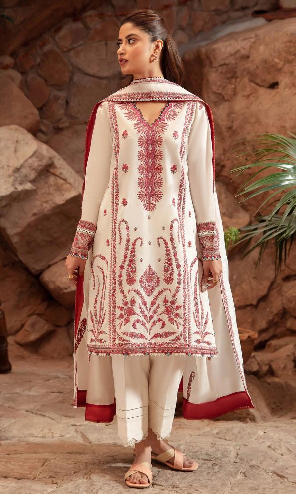 Dhanak 3pc unstitched heavy embroidered suit with heavy embroidered shawl