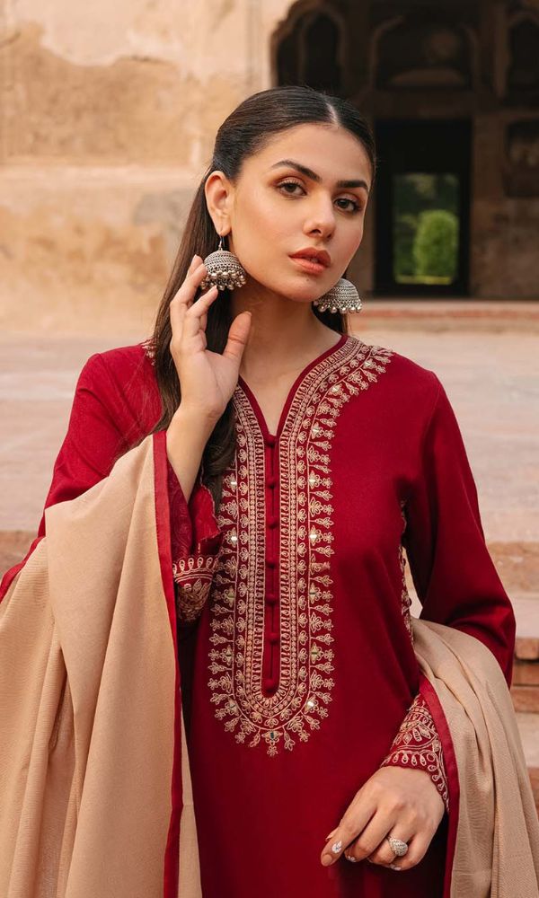 Dhanak 3pc unstitched heavy embroidered suit with heavy embroidered shawl