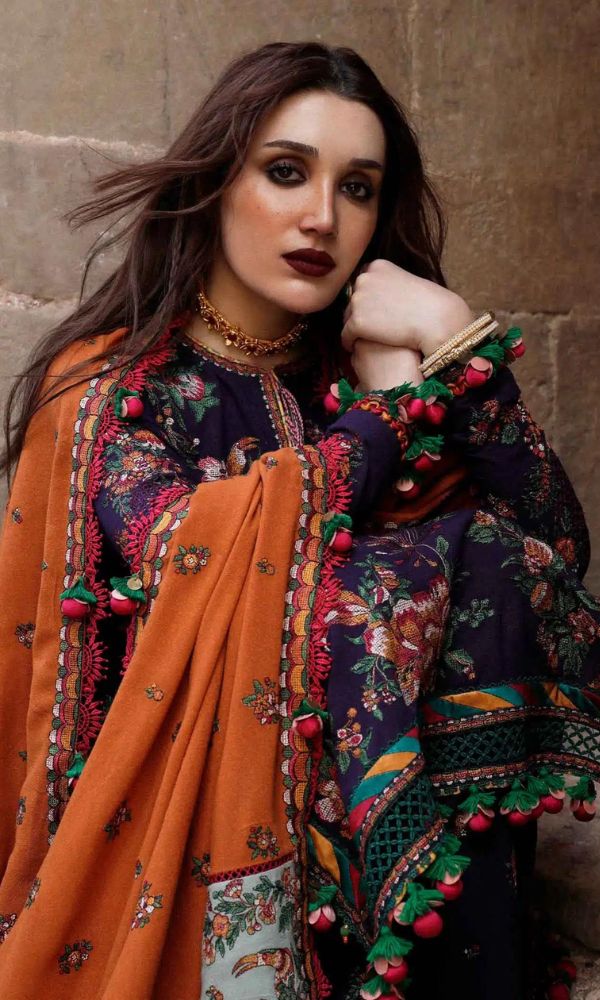 Dhanak 3pc heavy embroidered shirt with dhanak embroidered pallu shawl