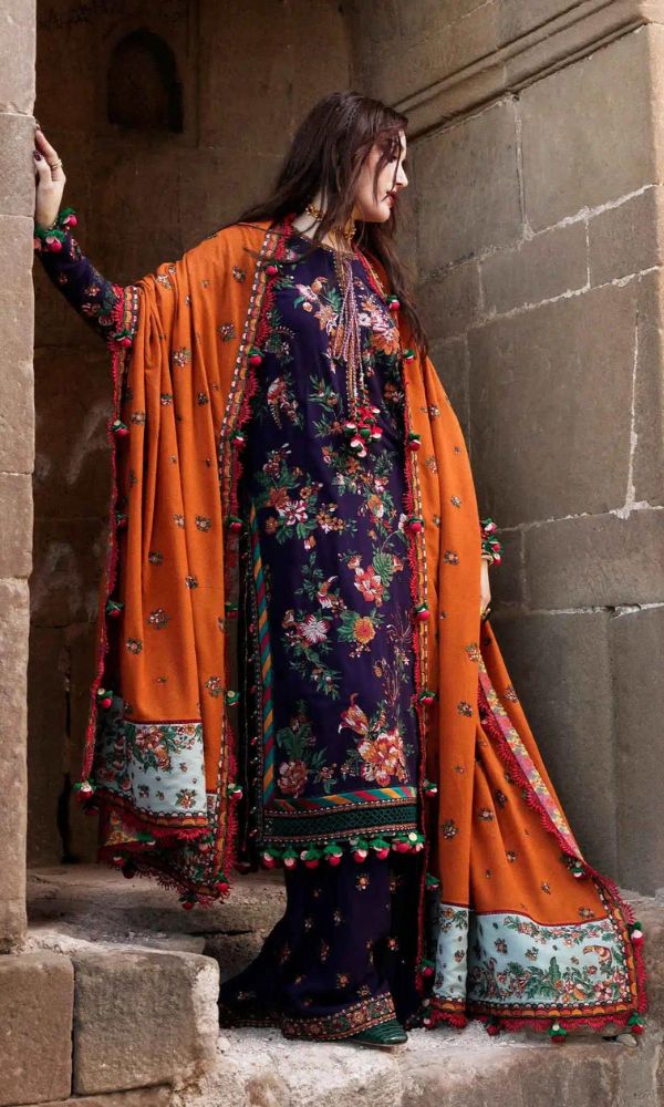 Dhanak 3pc heavy embroidered shirt with dhanak embroidered pallu shawl