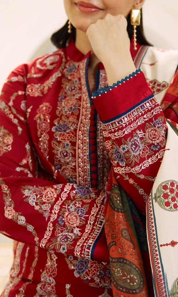 Dhanak 3pc unstitched heavy chiken kari embroidered suit with embroidered trouser