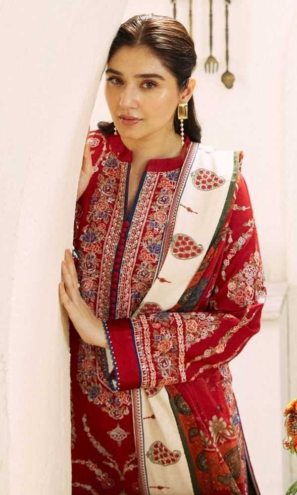 Dhanak 3pc unstitched heavy chiken kari embroidered suit with embroidered trouser