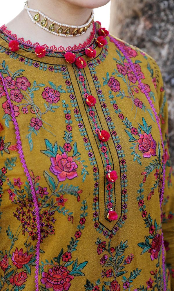 Dhanak unstitched 3pc heavy embroidered suit with wool shawl
