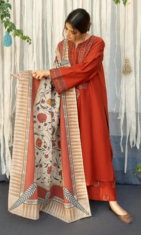 3pc Stuff Best quality Dhanak Dhanak Embroidered shirt Dhanak Embroidered sleeves Wool Digital print Shawl Dhanak embroidered trouser