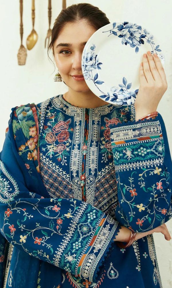 Dhanak 3pc unstitched heavy embroidered suit with digital printed wool shawl