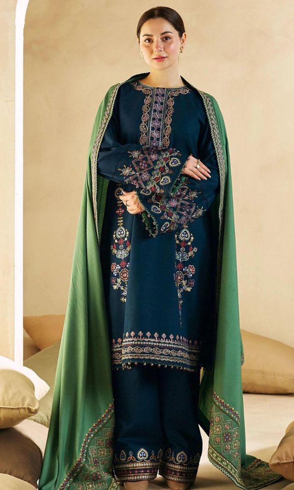 3pc Stuff Best quality Dhanak Dhanak Embroidered shirt with daman patch Dhanak Embroidered sleeves Dhanak Embroidered Shawl with pallu patch Dhanak plain trouser with patch