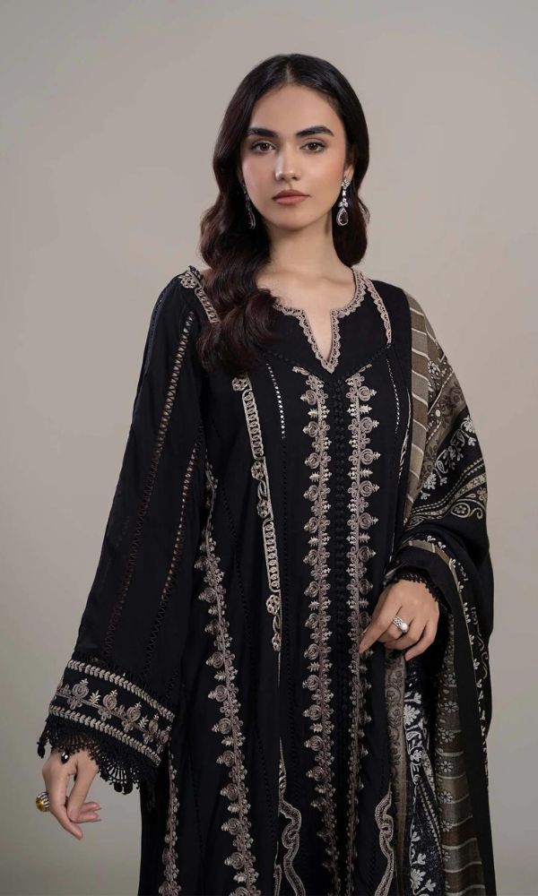 Lawn 3pc unstitched heavy embroidered suit with silk dupatta