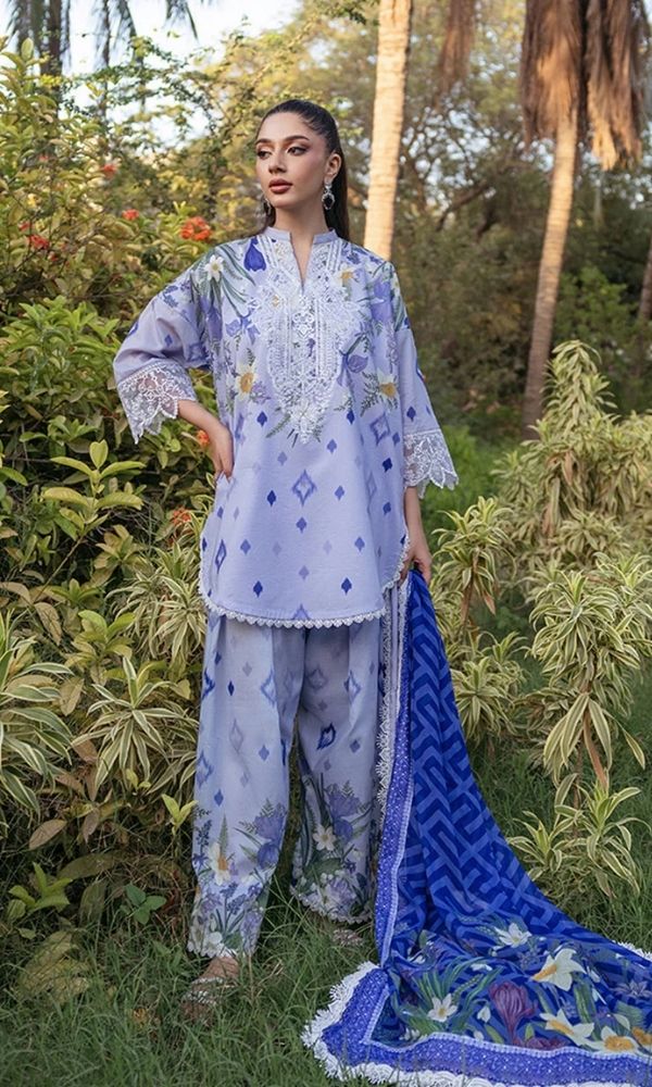 Lawn 3pc unstitched digital printed embroidered suit with embroidered patches
