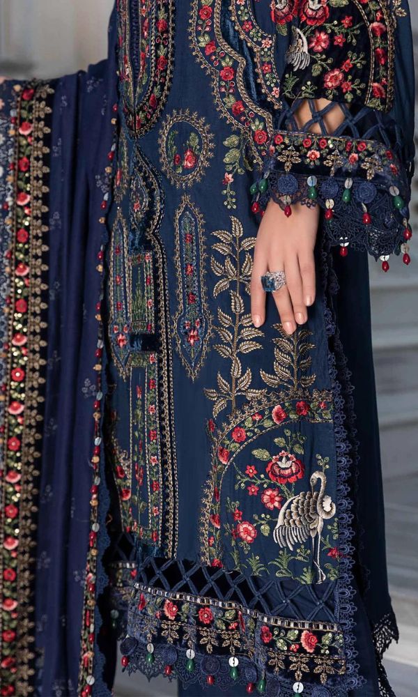Dhanak 3pc unstitched heavy embroidered suit with velvet work