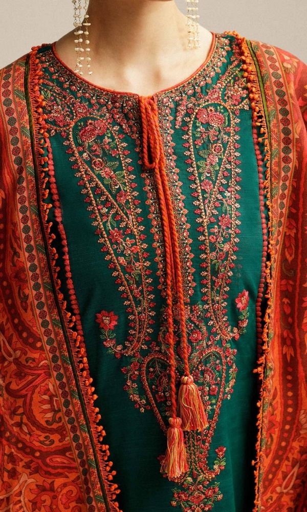 Dhanak 3pc unstitched embroidered suit with digital printed wool shawl