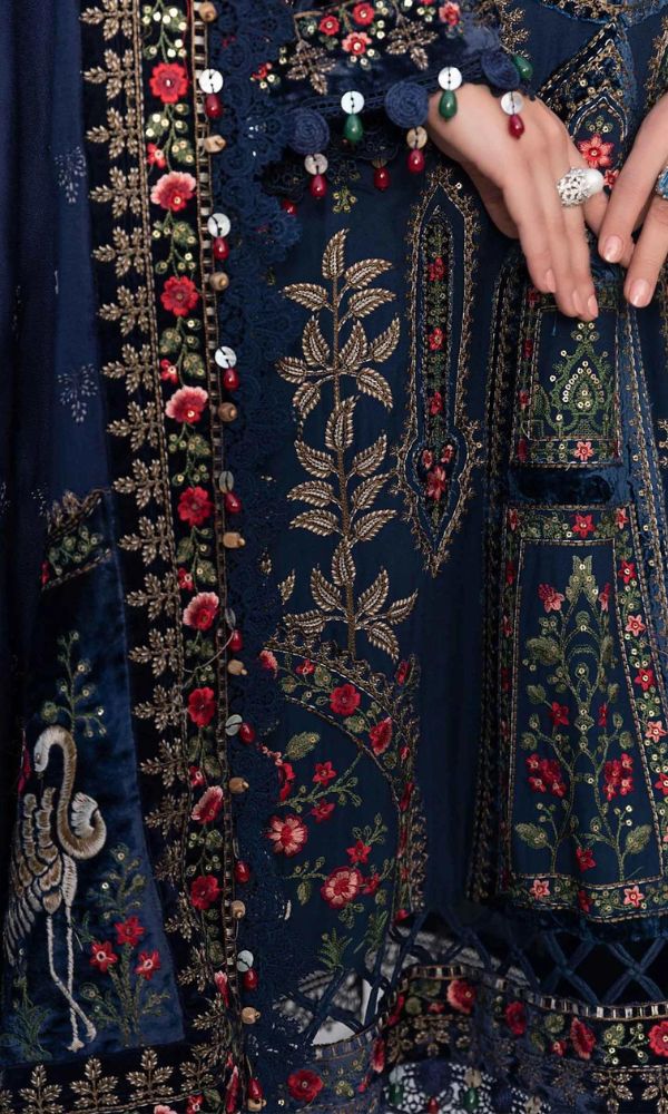Dhanak 3pc unstitched heavy embroidered suit with velvet work