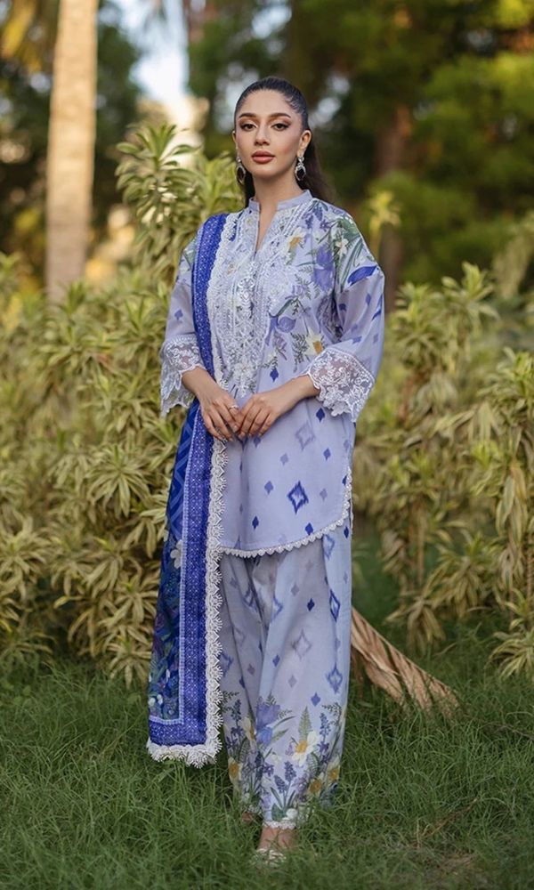 Lawn 3pc unstitched digital printed embroidered suit with embroidered patches
