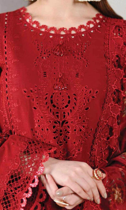 Lawn3pc unstitched heavy chiken kari embroidered suit with embroidered dupatta