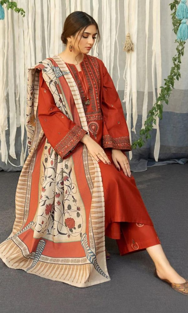 3pc Stuff Best quality Dhanak Dhanak Embroidered shirt Dhanak Embroidered sleeves Wool Digital print Shawl Dhanak embroidered trouser