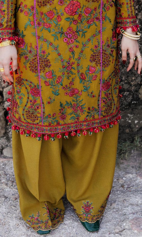 Dhanak unstitched 3pc heavy embroidered suit with wool shawl