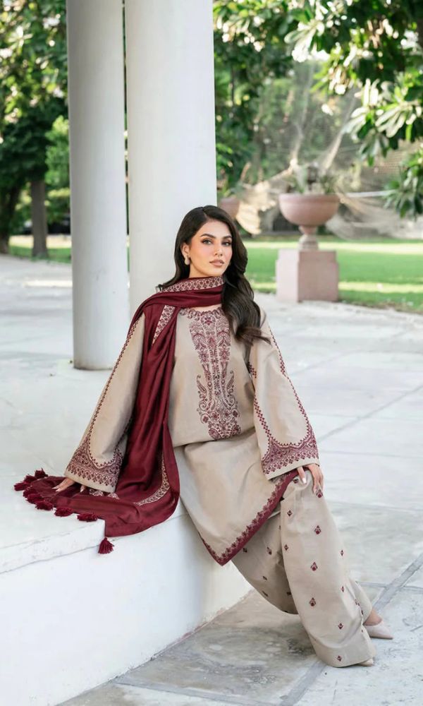Winter collection 3pc embroidered suit with embroidered trouser and embroidered shawl