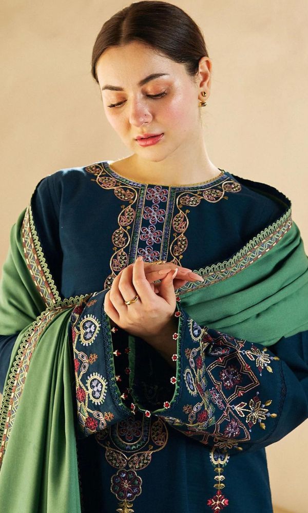 3pc Stuff Best quality Dhanak Dhanak Embroidered shirt with daman patch Dhanak Embroidered sleeves Dhanak Embroidered Shawl with pallu patch Dhanak plain trouser with patch
