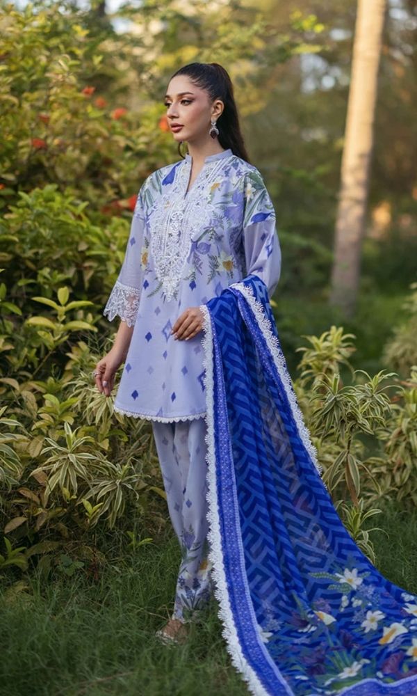 Lawn 3pc unstitched digital printed embroidered suit with embroidered patches