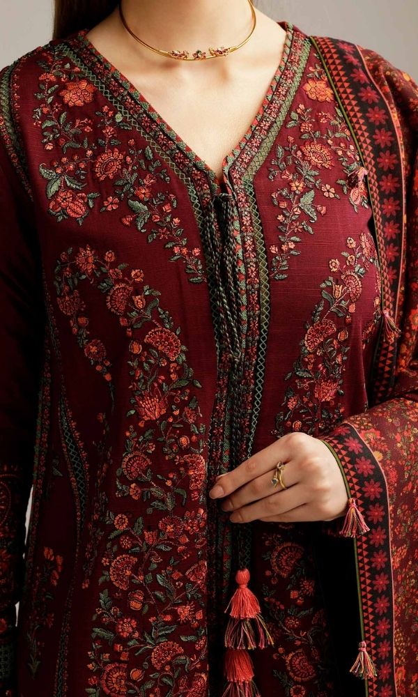 Dhanak 3pc unstitched heavy embroidered suit with digital printed wool shawl