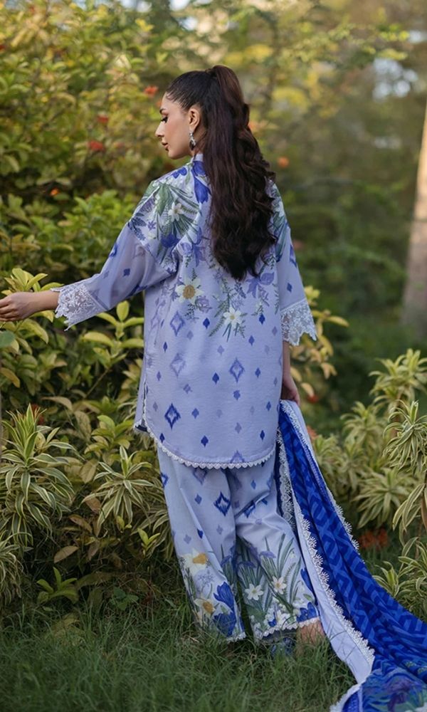 Lawn 3pc unstitched digital printed embroidered suit with embroidered patches