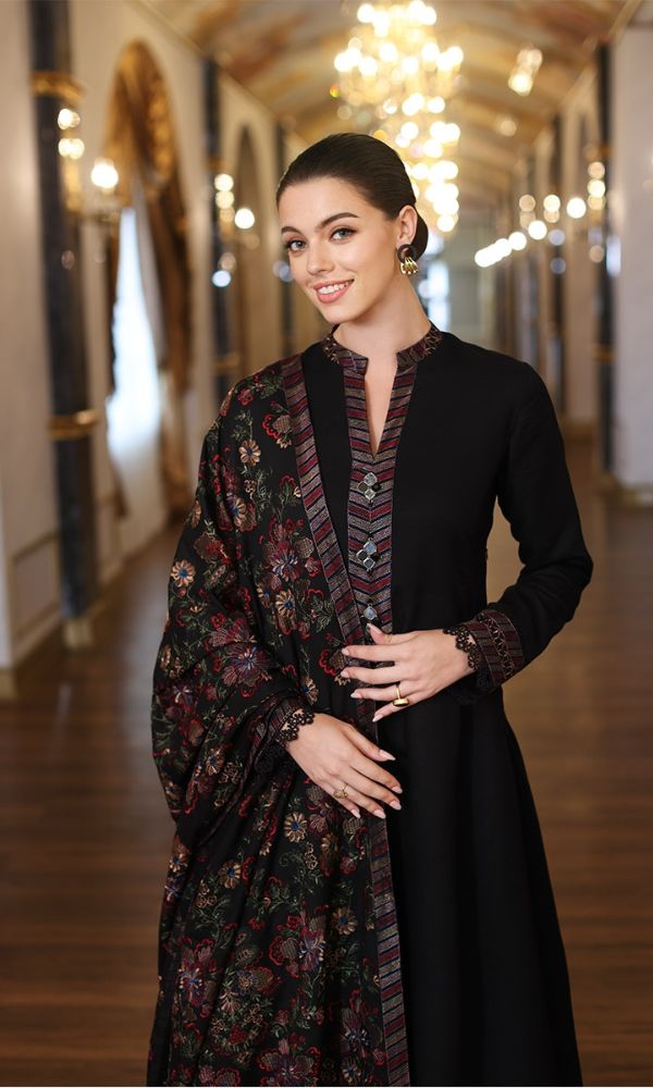Dhanak 3pc unstitched heavy embroidered suit with heavy embroidered shawl