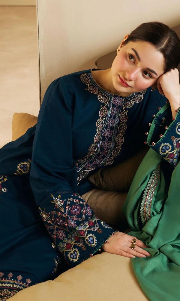 3pc Stuff Best quality Dhanak Dhanak Embroidered shirt with daman patch Dhanak Embroidered sleeves Dhanak Embroidered Shawl with pallu patch Dhanak plain trouser with patch