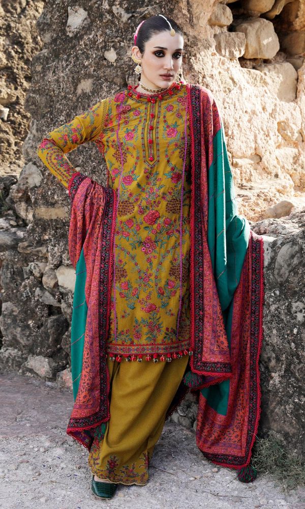 Dhanak unstitched 3pc heavy embroidered suit with wool shawl