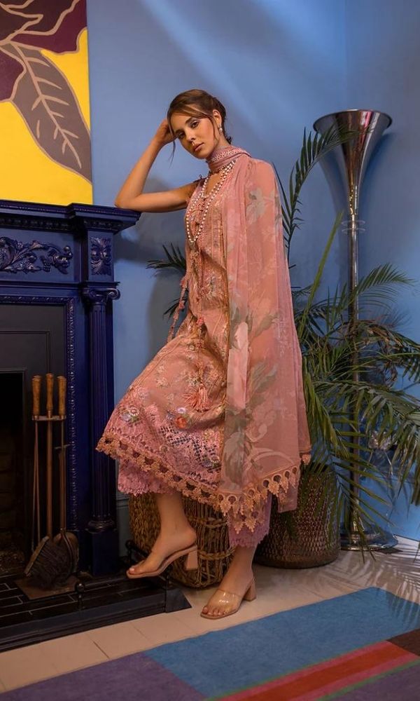 Lawn 3pc digital printed suit with silk dupatta and patches