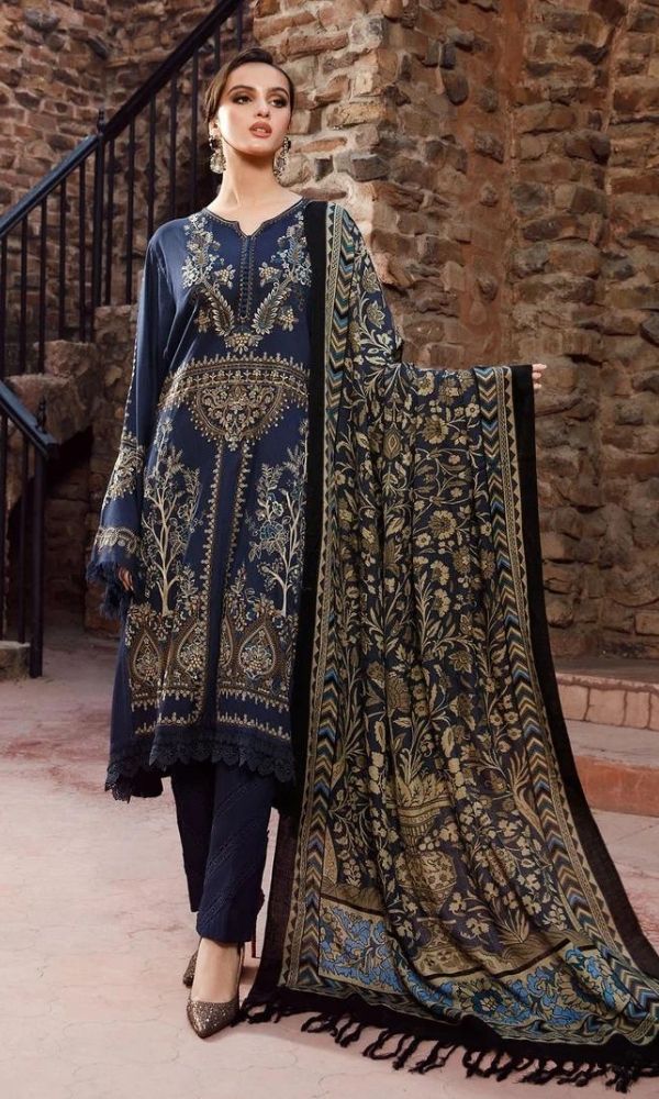 Dhanak unstitched 3pc heavy embroidered shirt with printed wool shawl