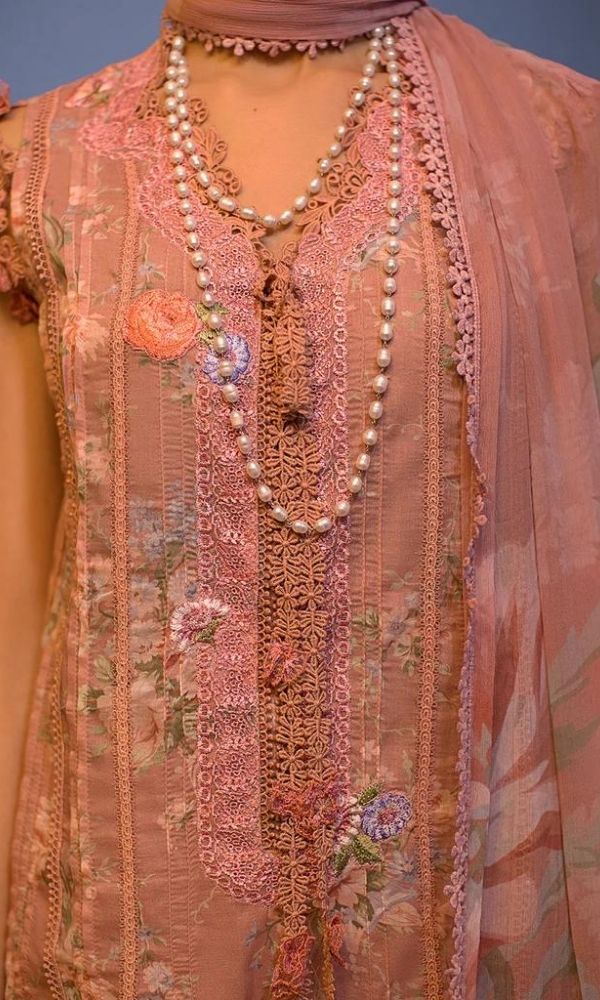 Lawn 3pc digital printed suit with silk dupatta and patches