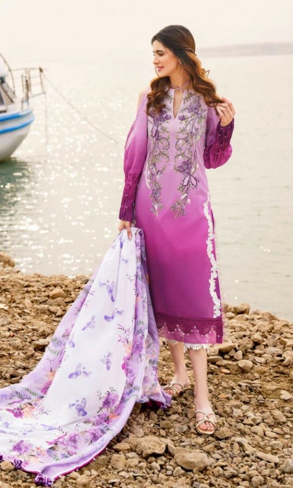 Lawn 3pc unstitched digital printed plus embroidered shirt with monar digital printed dupatta
