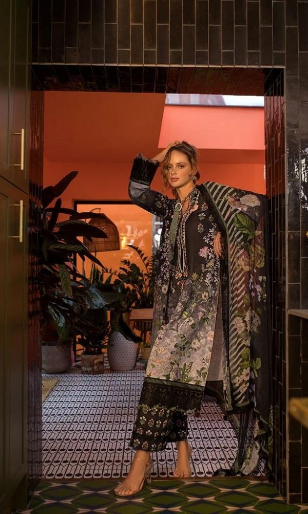 Lawn 3pc digital printed suit with patches and silk dupatta