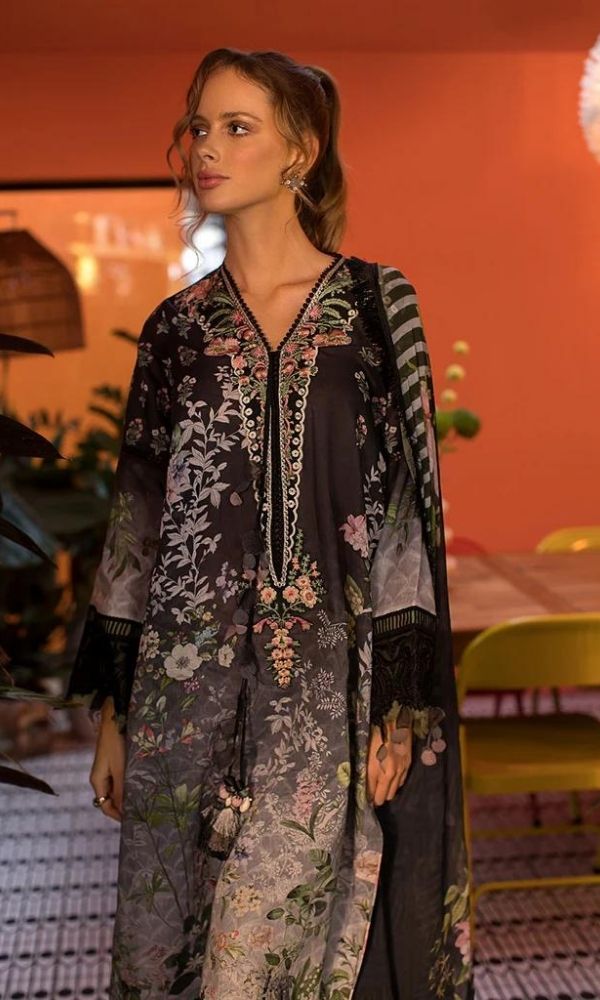 Lawn 3pc digital printed suit with patches and silk dupatta