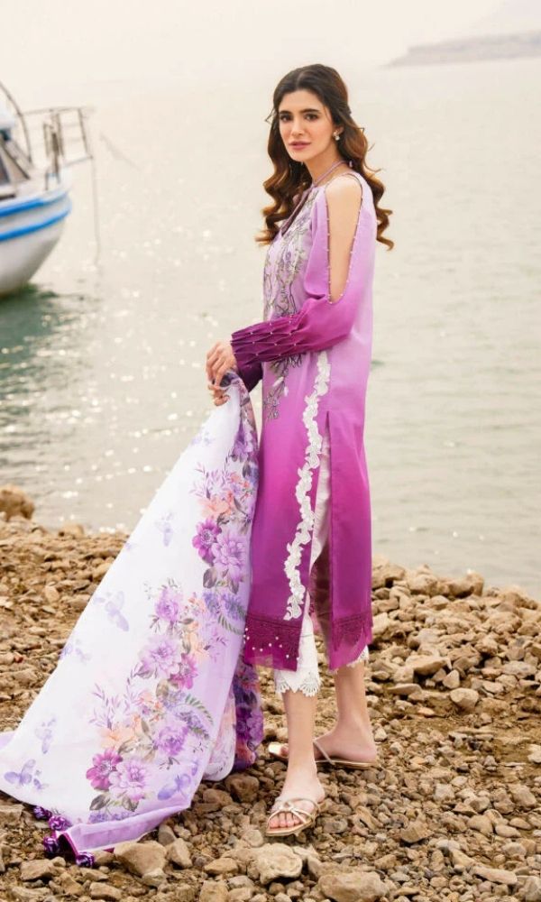 Lawn 3pc unstitched digital printed plus embroidered shirt with monar digital printed dupatta