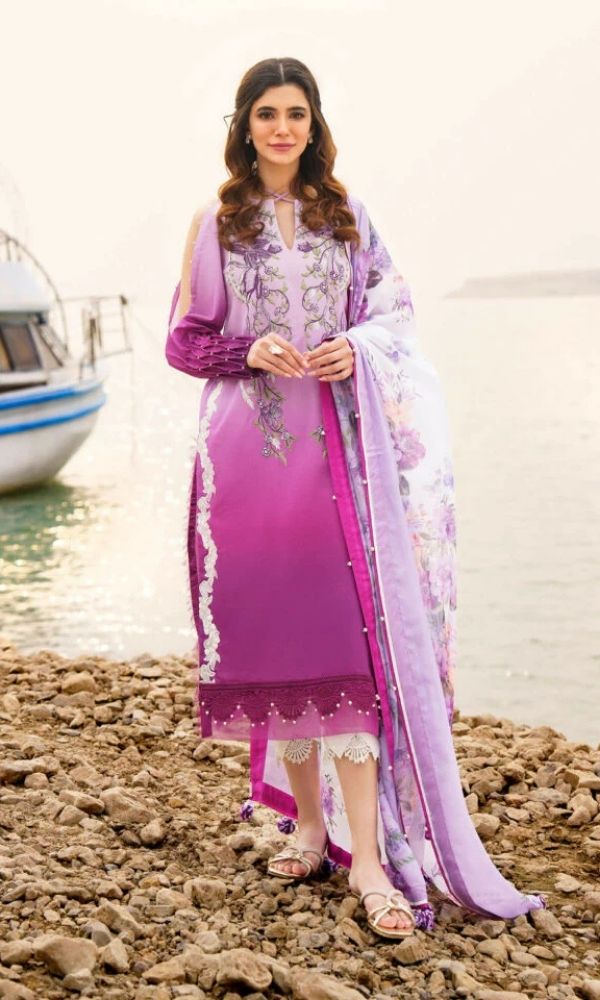 Lawn 3pc unstitched digital printed plus embroidered shirt with monar digital printed dupatta
