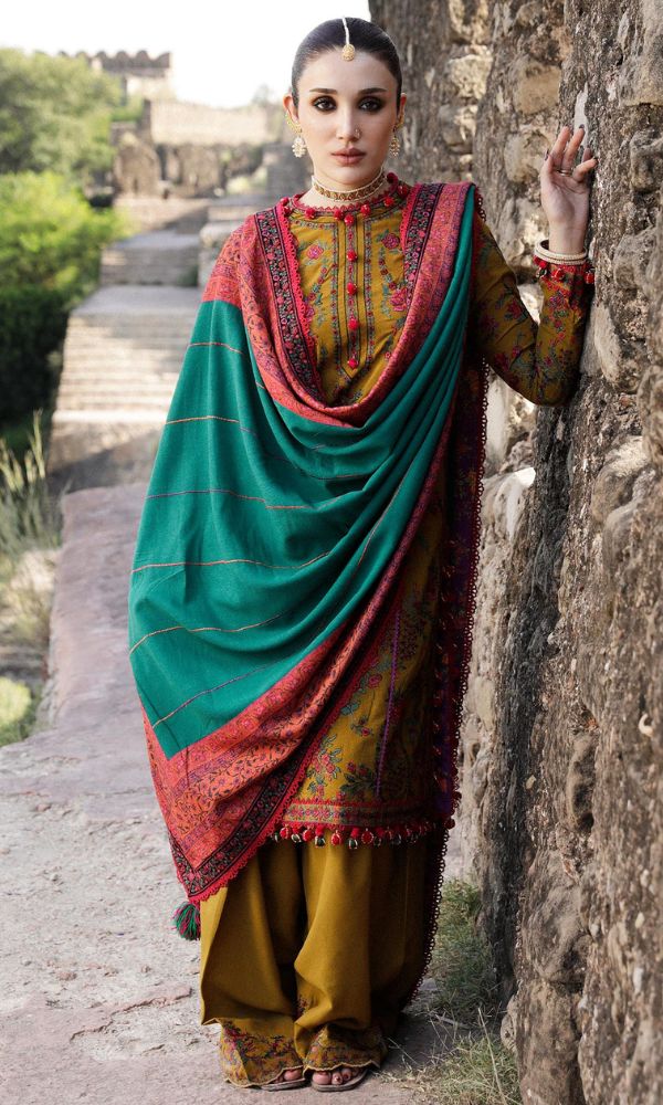 Dhanak unstitched 3pc heavy embroidered suit with wool shawl