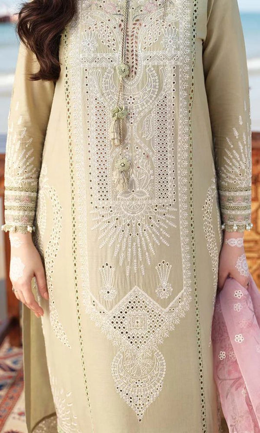 Lawn 3pc unstitched chiken kari heavy embroidered suit with poly lawn digital printed dupatta