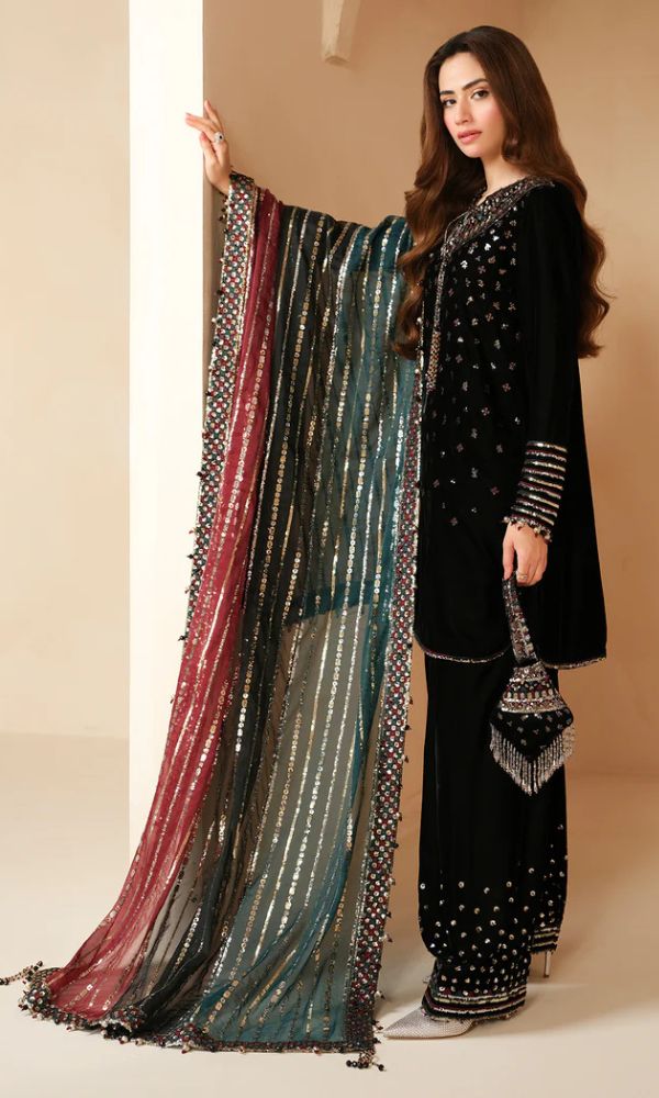 Velvet 3pc unstitched heavy sequence embroidered suit