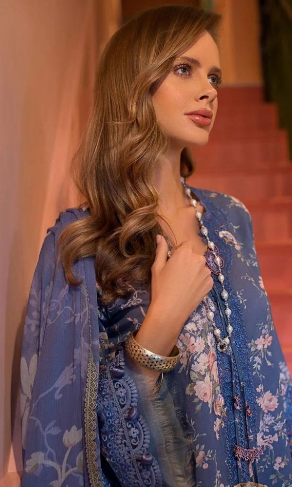 Lawn 3pc digital printed suit with patches and silk dupatta