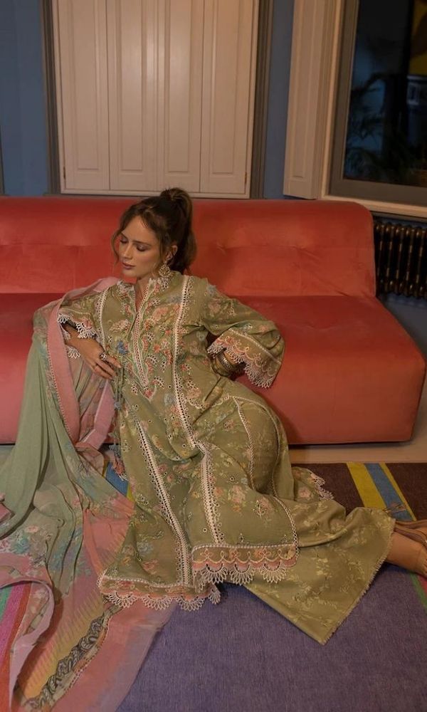 Lawn 3pc digital printed suit with patches and silk dupatta