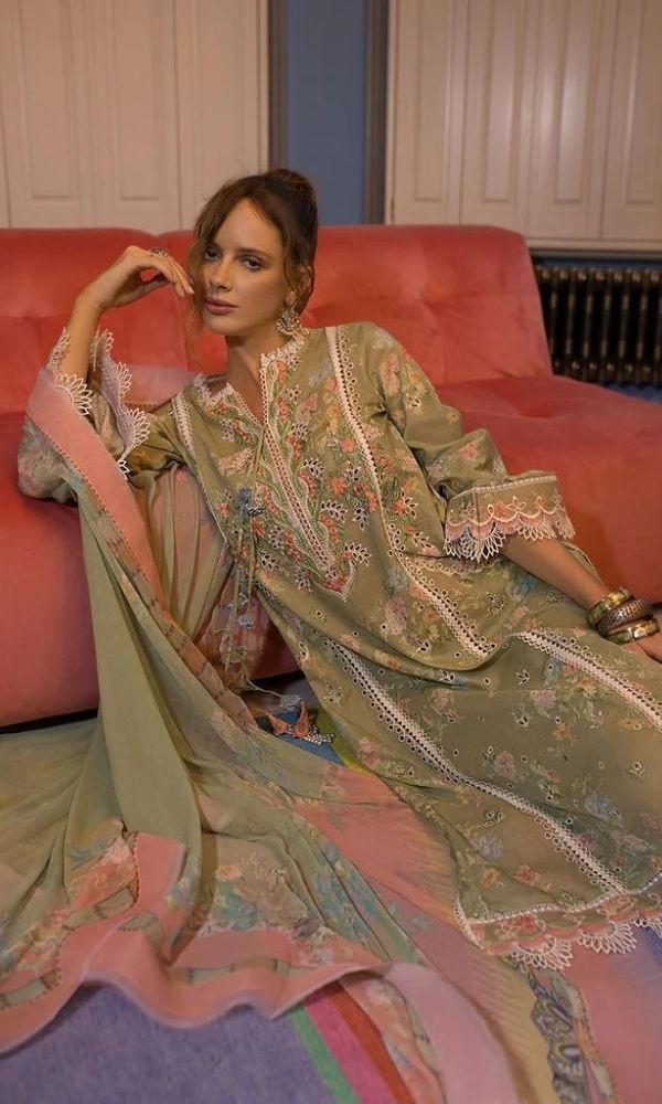 Lawn 3pc digital printed suit with patches and silk dupatta