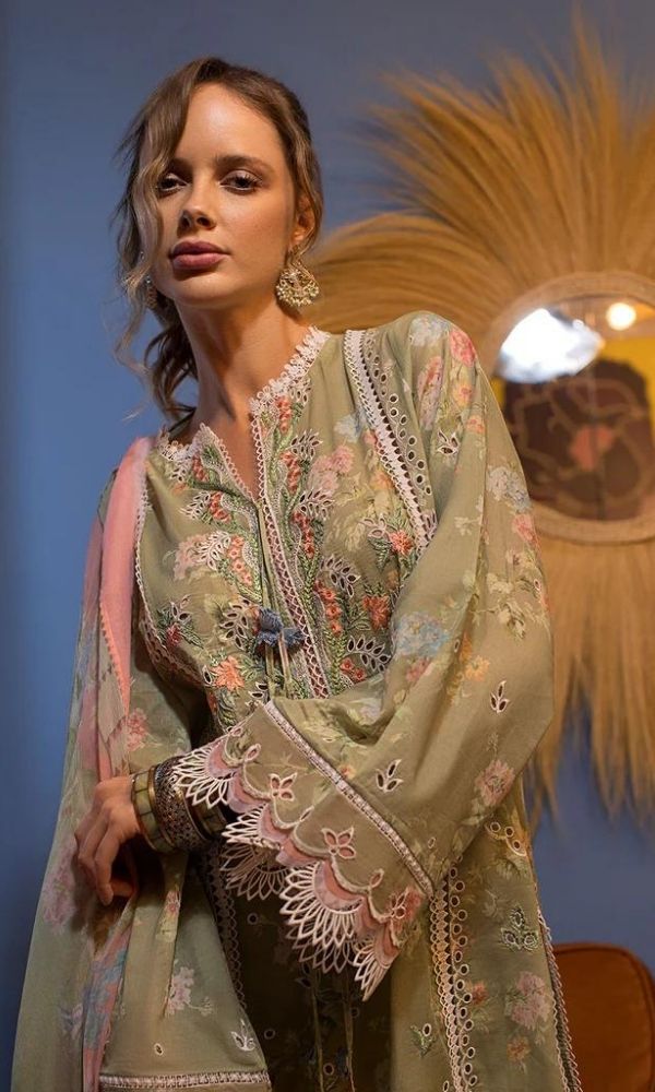 Lawn 3pc digital printed suit with patches and silk dupatta