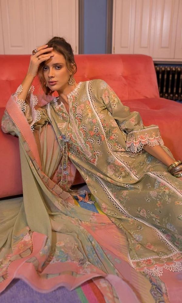 Lawn 3pc digital printed suit with patches and silk dupatta