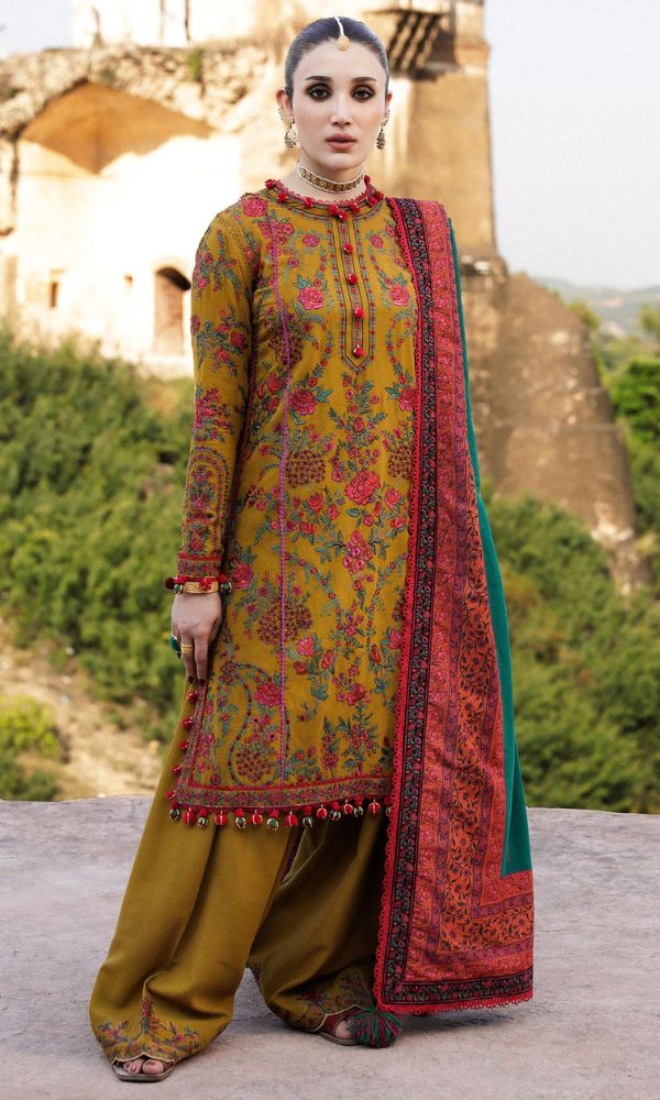 Dhanak unstitched 3pc heavy embroidered suit with wool shawl
