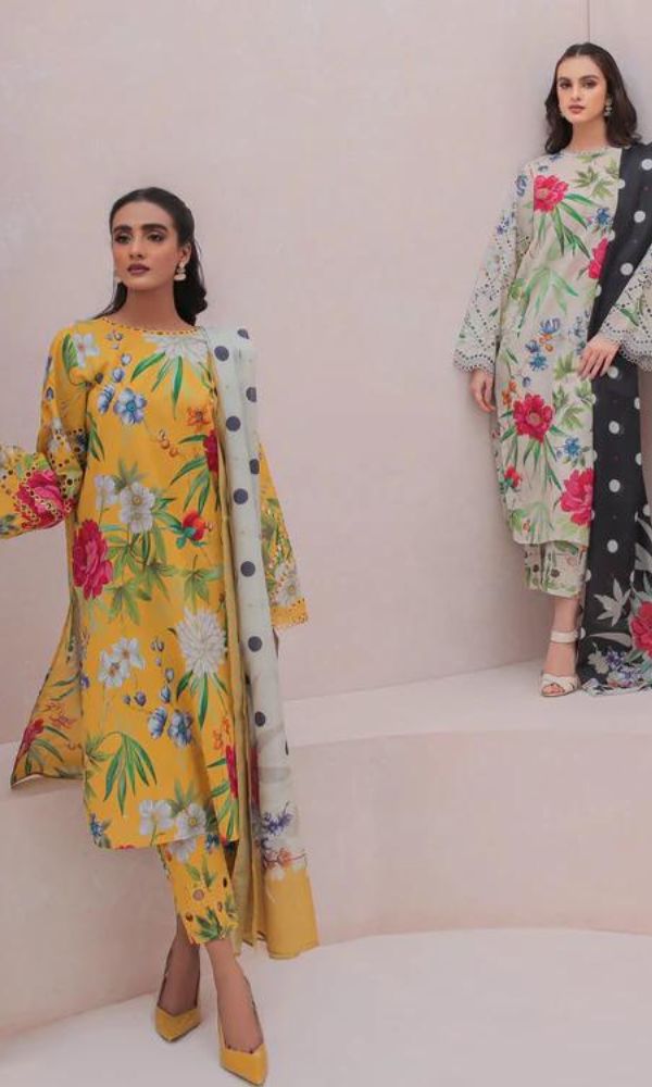 Lawn 3pc unstitched digital printed suit with patches and silk dupatta