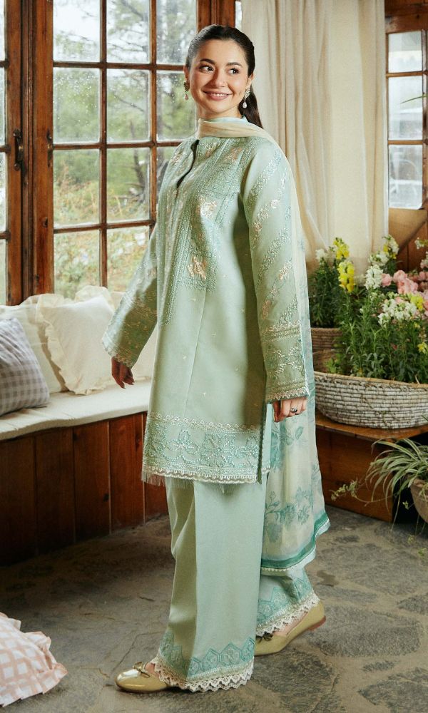 Lawn 3pc heavy embroidered suit with digital printed dupatta and trouser patches