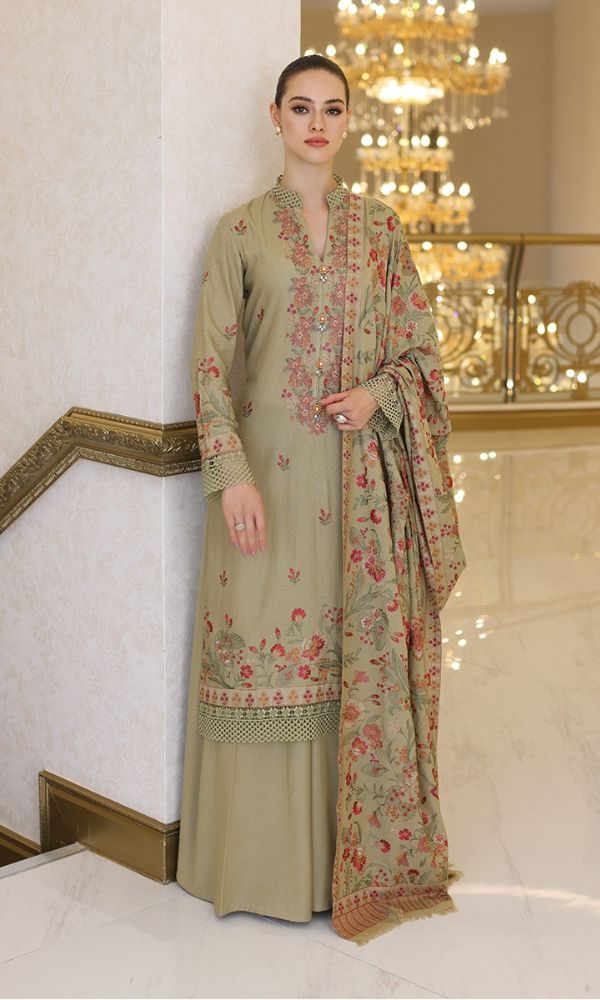 Dhanak 3pc unstitched heavy embroidered suit suit with heavy embroidered shawl